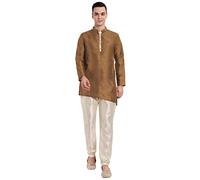 SKAVIJ Hommes Art Soie Ethnique Kurta Pyjama Coupe Croix Vêtements Traditionnels Indiens (Small, Brun)