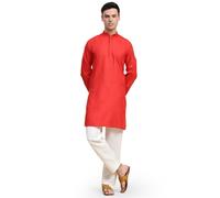 SKAVIJ Inde Cotton Pyjama Kurta for Homme Coupe Régulière(Rouge, XL)