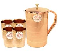 SKAVIJ Pichet en cuivre pur avec couvercle et 4 gobelets, pichet d'eau de luxe (1,6 litre)