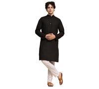 SKAVIJ Tunique en Coton pour Homme Kurta Pyjama Indian Yoga Casual Dress Set (Noir, Small)