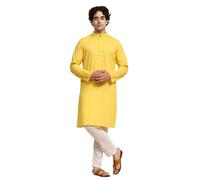 SKAVIJ Tunique en Coton pour Homme Kurta Pyjama Indian Yoga Casual Dress Set (Or, Small)