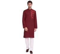 SKAVIJ Tunique en Coton pour Homme Kurta Pyjama Indian Yoga Casual Dress Set (Rouge, 3X-Large)