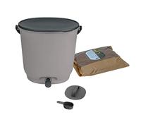 Skaza Bokashi Essential Composteur de Cuisine 15,3 L - Bokashi Composteur Anti-Odeurs Plastique avec Robinet - Kit de Démarrage + 1 kg de Ferment, Gris Clair
