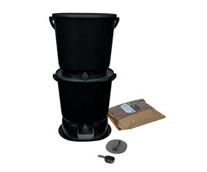 Skaza Bokashi Essential Composteur de Cuisine 2X 15,3 L, Noir | Bokashi Composteur Anti-Odeurs, Plastique avec Socle et Robinet, Kit de Démarrage, 1 kg de Ferment