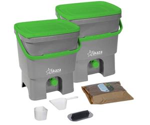 Skaza Bokashi Organko 1 Composteur de Cuisine (2 x 16L) - Bokashi Composteur sans Odeur en Plastique Recyclé - Kit de Démarrage + 1 kg de Ferment - Gris-Vert