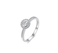 Skcess Alliance en or blanc 9 carats pour femme, motif fleur halo classique blanc avec diamant rond de 0,5 ct et moissanite simple bague de promesse, 7.5, Diamant de laboratoire platine, Zircone