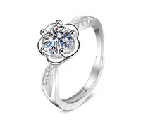 Skcess Bague de promesse en or blanc 9 carats pour elle, diamant de laboratoire blanc, bague de promesse simple, fleur creuse à 5 griffes rondes 1 carat 6,5 mm, 11, Or blanc 9 carats, Diamant de