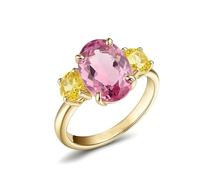 Skcess Bagues d'amitié en or blanc 9 carats 14 carats 18 carats pour couples, 3 pierres avec saphir rose et saphir jaune créés en laboratoire pour femme, 5, Saphir rose synthétique en or jaune