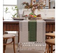 Skcess Chemin de table - 33 x 450 cm - Bicolore - Vague avec pompons - En polyester et coton - Décoration de table élégante - Pour l'intérieur, vacances, mariage, fête, anniversaire - Vert et beige