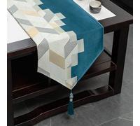 Skcess Chemin de table en polyester - Motif géométrique chinois - Avec pompons - Pour maison, restaurant, hôtel, décoration de table - 33 x 180 cm - Bleu foncé