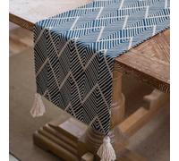 Skcess Chemin de table en polyester - Motif jacquard vague - Rayures avec pompons - Bleu - Décoration de mariage - 33 x 240 cm