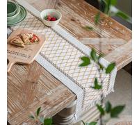 Skcess Chemin de table - Motif vague avec pompons - En coton et lin - Décoration de mariage - Jaune - 30 x 350 cm