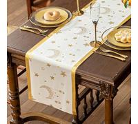Skcess Chemin de table Runner - Motif étoile et lune - Rayures - En polyester - Beige et blanc - Décoration de mariage et occasions spéciales - 33 x 160 cm