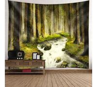 Skcess Serviette murale 200 x 200 cm, en polyester, motif : paysage de forêt naturelle, marron, vert, bleu, nature
