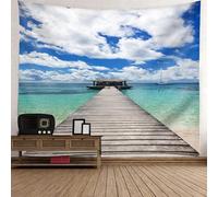 Skcess Tapis mural 200 x 200 cm, tapisserie en polyester gris bleu pont en bois et tapisserie murale mer