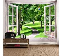 Skcess Tapisserie murale de salon en polyester, vert beige chemin de fenêtre et arbres tapisserie murale pour chambre à coucher 300 x 256 cm