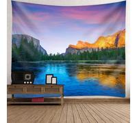 Skcess Tapisserie murale en polyester - 240 x 220 cm - Bleu, gris, vert, montagnes et rivières