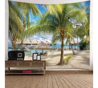Skcess Tapisserie murale en polyester, beige, bleu, vert, plage, cocotiers et oiseaux, tapisserie à suspendre 240 x 220 cm