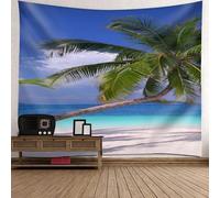 Skcess Tapisserie murale en polyester, bleu, vert, beige, bord de mer, palmiers, paysage, grande tapisserie pour chambre à coucher, 300 x 256 cm