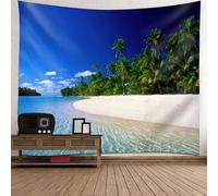 Skcess Tapisserie murale en polyester, bleu, vert, beige, plage, palmiers, paysage, tapisserie murale 260 x 240 cm