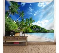 Skcess Tapisserie murale en polyester, bleu, vert, bord de mer, cocotiers, paysage, grande tapisserie murale 300 x 256 cm