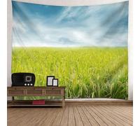 Skcess Tapisserie murale en polyester bleu vert, ciel et rizière 350 x 256 cm