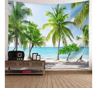 Skcess Tapisserie murale en polyester Motif cocotiers et mer Bleu/vert 300 x 256 cm