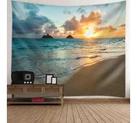 Skcess Tapisserie murale nature 350 x 256 cm Tapisserie en polyester Mur Bleu sarcelle Marron Corbeille de plage Paysage Tapisserie murale