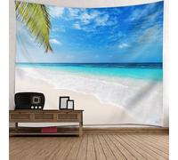 Skcess Tapisserie pour chambre à coucher Esthétique Polyester Beige Bleu Vert Plage Feuille de Palmier Paysage Salon Tapisserie murale 200 x 200 cm