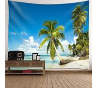 Skcess Tapisserie pour Salon Polyester Bleu Vert Cocotiers et Bord de Mer Tapisserie Moderne 260 x 240 cm