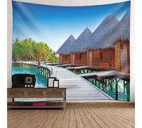 Skcess Tenture murale 200 x 200 cm, en polyester, blanc, marron, vert, pont en bois et tapisserie murale mer