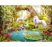 skdhlifpj Papier Peint Blanc Cheval 3D intissé Tapisserie Murale Forêt Tropicale Humide Dessin Animé Bois Château Cheval Blanc Fond D'Écran 300cmx210cm Salon Chambre Adulte Zen Mural