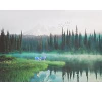 skdhlifpj Papier Peint Oiseaux 3D intissé Tapisserie Murale Blanc Nuage Brouillard Forêt Tropicale Wapiti Oiseau Volant Lac Paysage 300cmx210cm Salon Chambre Adulte Zen Mural
