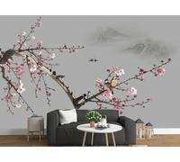 skdhlifpj Papier Peint Oiseaux 3D intissé Tapisserie Murale Chinois Encre Prunier De Montagne Fleur Oiseau Volant Grand Mur De Fond D'Arbre 400cmx280cm Salon Chambre Adulte Zen Mural