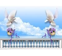 skdhlifpj Papier Peint Panoramique 3d Balcon Paysage 300cmx256cm Ciel Bleu Nuages Blancs Colombes Blanches Et Fleurs Salon Chambre Adulte Enfant Décoration Tapisserie Murales Mural