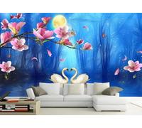 skdhlifpj Papier Peint Panoramique 3d Magnolia Fleurs Roses 430cmx300cm Cygnes Blancs Lac Pleine Lune Forêt Salon Chambre Adulte Enfant Décoration Tapisserie Murales Mural