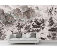 skdhlifpj Papier Peint Panoramique 3d Paysages Nature En Noir Et Blanc 300cmx256cm Peinture À L'Encre Poétique De Style Chinois Pont Rural Au-Dessus D'Un Cours D'Eau Salon Chambre Adulte Enfant Décor