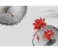 skdhlifpj Papier Peint Panoramique Feuilles Noir Et Blanc 150cmx105cm 3D intissé Tapisserie Murale Feuille De Lotus Rouge Chinoise Salon Chambre Adulte Enfant Décoration Mural