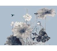 skdhlifpj Papier Peint Panoramique Fleurs De Lotus Bleu 400cmx280cm 3D intissé Tapisserie Murale Vintage Feuilles Oiseaux Volants Salon Chambre Adulte Enfant Décoration Mural