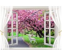skdhlifpj Papier Peint Paysage 3D intissé Tapisserie Murale Rideau Blanc Extérieur Cerisier Fleur Paysage Cerisier Blanc 400cmx280cm Salon Chambre Adulte Zen Mural