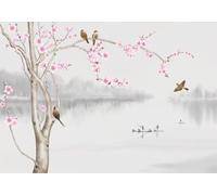 skdhlifpj Papier Peint Paysage naturel 3D intissé Tapisserie Murale Main Peinte Fleur De Prunier Rouge Oiseau Volant Nature Océan Paysage 400cmx280cm Salon Chambre Adulte Zen Mural