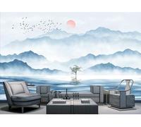 skdhlifpj Papier Peint Paysage naturel 3D intissé Tapisserie Murale Montagnes Bleues Soleil Rouge Oiseaux Volant Paysage Marin 300cmx256cm Salon Chambre Adulte Zen Mural