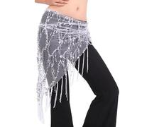 Skdvy Foulard Danse Orientale avec PièCes, Costumes de Spectacle de Glands for Femmes, écharpe de Hanche, Ceinture de Danse du Ventre, chaîne de Taille, Jupe de Danseuse(White)