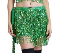 Skdvy Foulard Danse Orientale avec PièCes, Nouvelle chaîne de Taille à Franges pailletées Danse du Ventre chaîne de Taille à Lacets écharpe de Taille Jupe à Franges pailletée(Green)