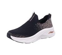 Skechers Femme Arch Fit D'lux Chausson, Tricot Noir avec Bordure Or Rose, 38.5 EU