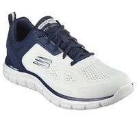 Skechers Homme Piste Plus Large Baskets, Bordure Bleu Marine en Maille PU Blanc cassé, 42.5 EU