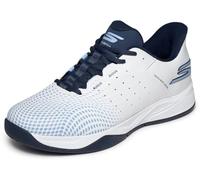 Skechers Viper Court Reload Baskets à Enfiler Mains Libres pour Homme, Textile synthétique Blanc Bordure Bleue Bordure Bleu Marine, 42.5 EU