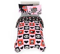 Skelanimals Parure de lit 5 pièces en Microfibre Douce à Carreaux avec taie d'oreiller, Kit The Cat (Produit sous Licence Officielle) pour lit Simple