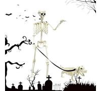 Skeleton Decor,Posable Skull Scary for Garden, Halloween Skeleton with Dog Figurine, Posable Skull Display, Sturdy Build for Garden Yard Front Door Indoor Outdoor Haunted House Party Graveyard Setup