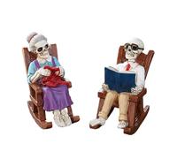 Skeleton Figurines, Chair Skull Couple Statue, 2.76x2.36x1.26 Inches Halloween Resin Rocking Skeleton Reading Ornament, Spooky Home Decor Accent for Shelf Display and Seasonal Decoration Use